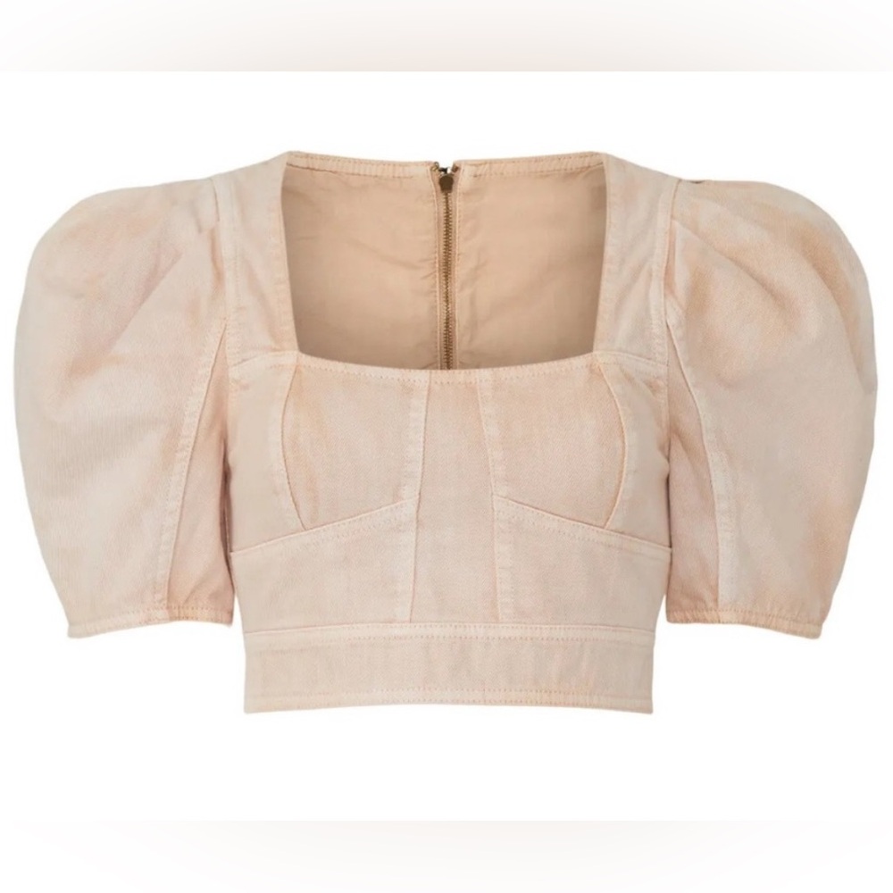 Ulla Johnson Renee Blush Denim Puff Sleeve Crop Top, 12